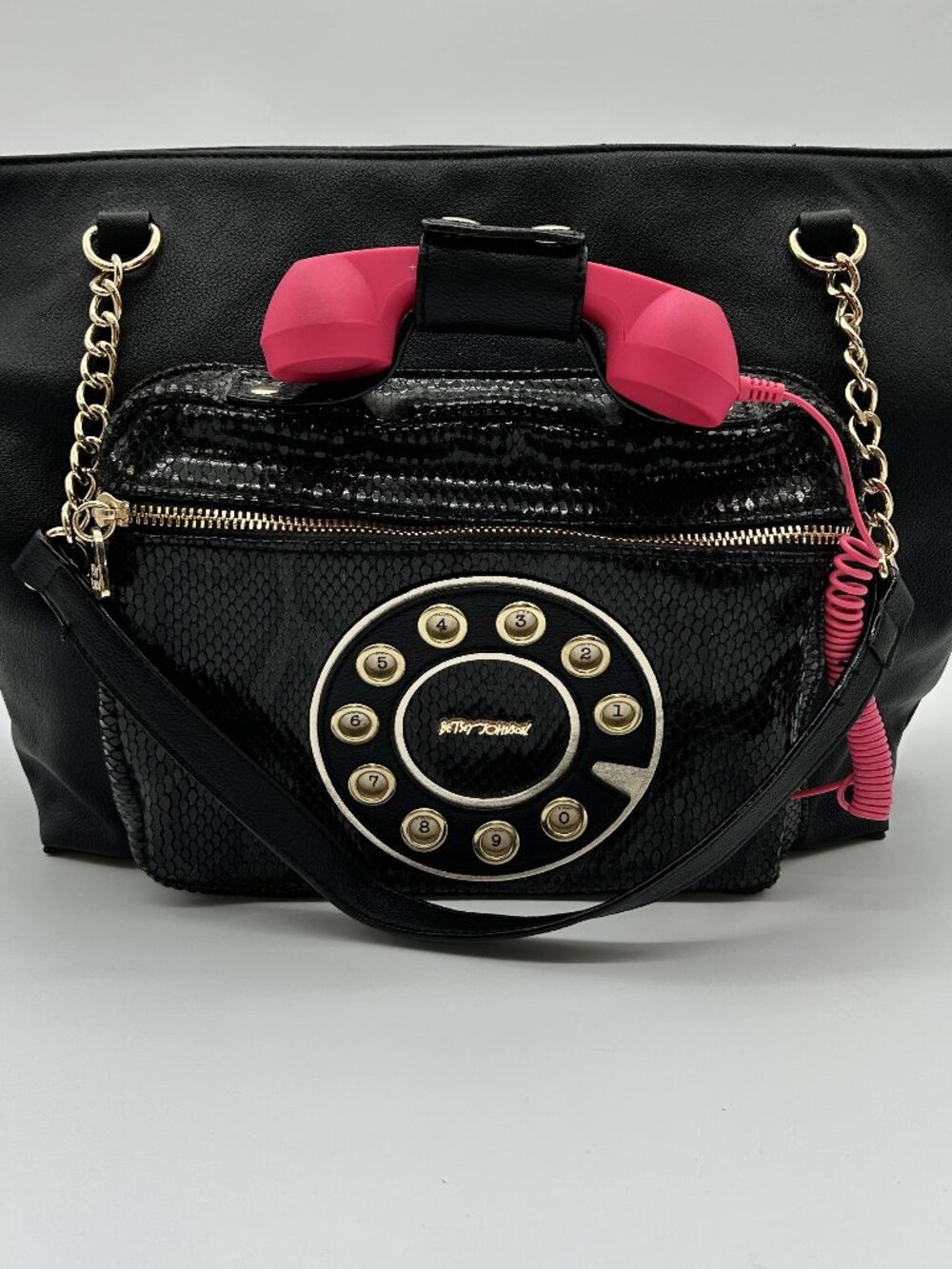 Betsey Johnson Hold Please Telephone Tote Bag - Black Snake Embossed Kitsch